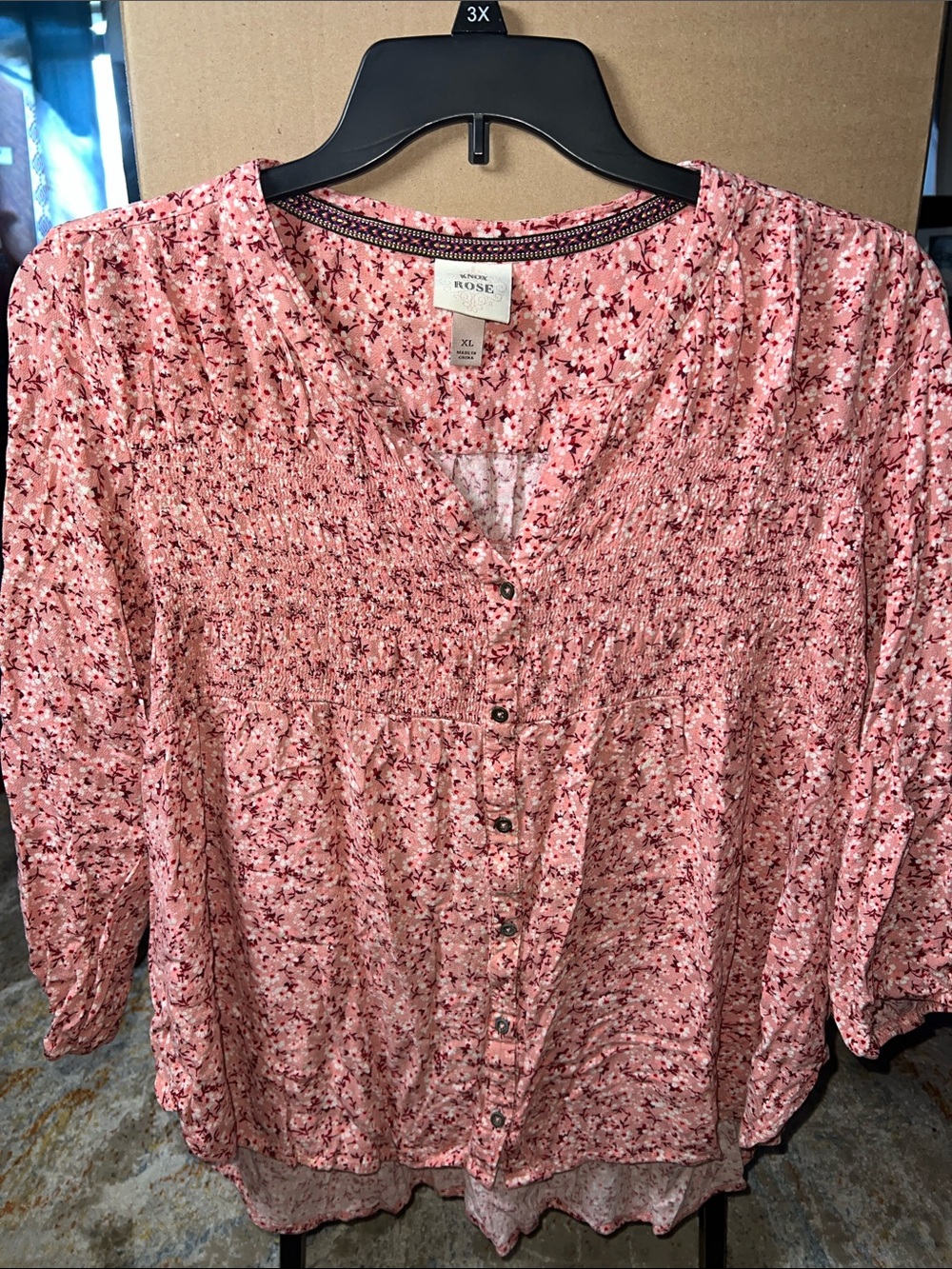 Knox Rose Pink Floral Smocked Button-Up Blouse